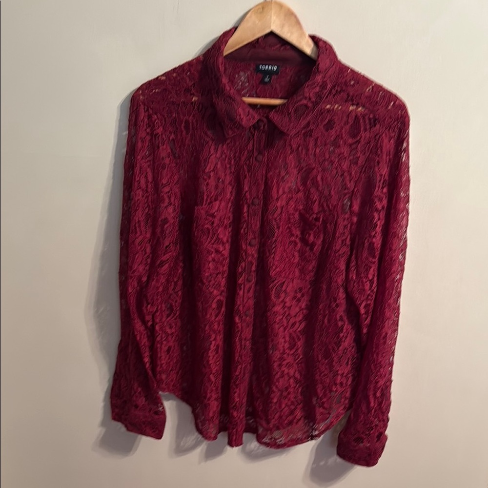 Torrid Burgundy Long Sleeve Button Down Lace Blouse